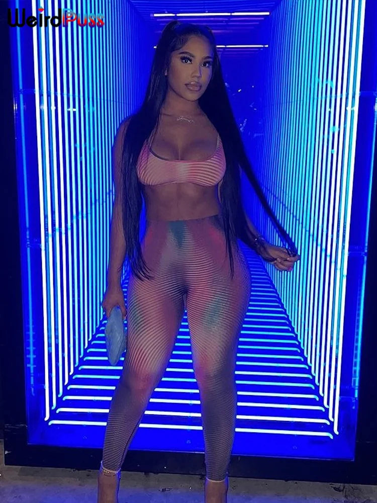 Weird Puss Gradient Print 2 Piece Set Women Skinny Striped Stretch Tank Tops+Leggings Matching Casual Sporty Streetwear Outfits