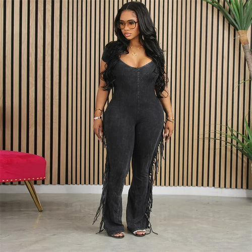 Casual Side Fringe Tassel One Piece Jumpsuit for Women Clothing V-neck