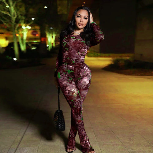 Fashion Mesh Flower Print 2 Two Piece Set Women Stunning Full Sleeve