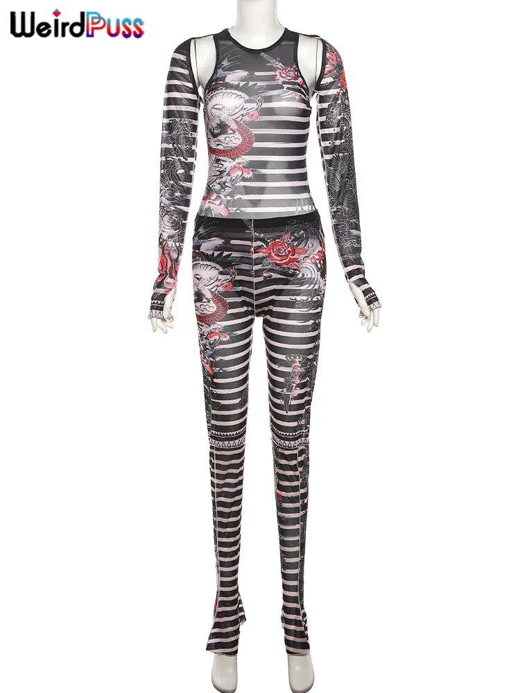 Dragon Striped Print Women 2 Piece Set