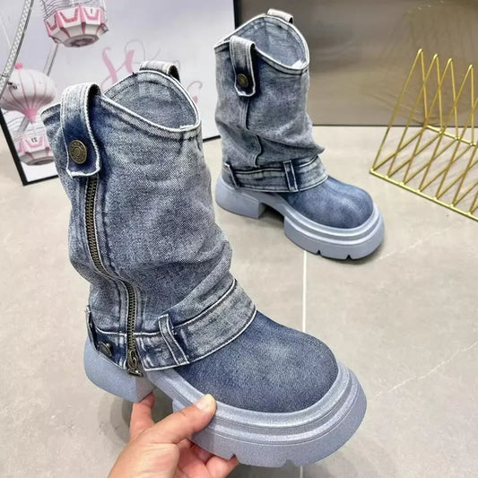 Denim Ankle Boots For Women Round Toe Thick Bottom Side Zipper Belt