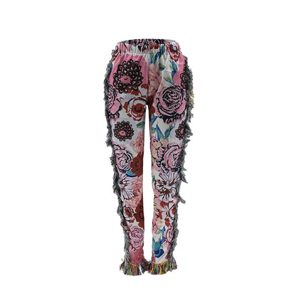 Tassel Patchwork Striped Print Jogger Pant Women Rave Festival Clothing 2023 Summer Casual High Waist Bodycon Active Sweat Pants