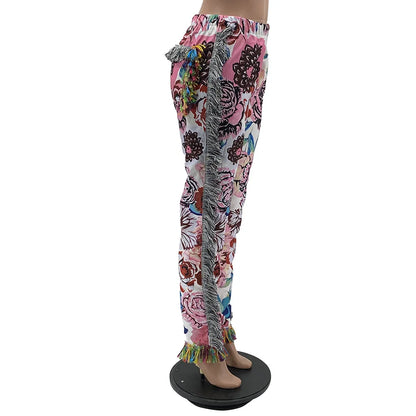 Tassel Patchwork Striped Print Jogger Pant Women Rave Festival Clothing 2023 Summer Casual High Waist Bodycon Active Sweat Pants