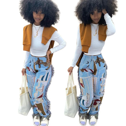 Tassel Patchwork Striped Print Jogger Pant Women Rave Festival Clothing 2023 Summer Casual High Waist Bodycon Active Sweat Pants