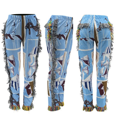 Tassel Patchwork Striped Print Jogger Pant Women Rave Festival Clothing 2023 Summer Casual High Waist Bodycon Active Sweat Pants