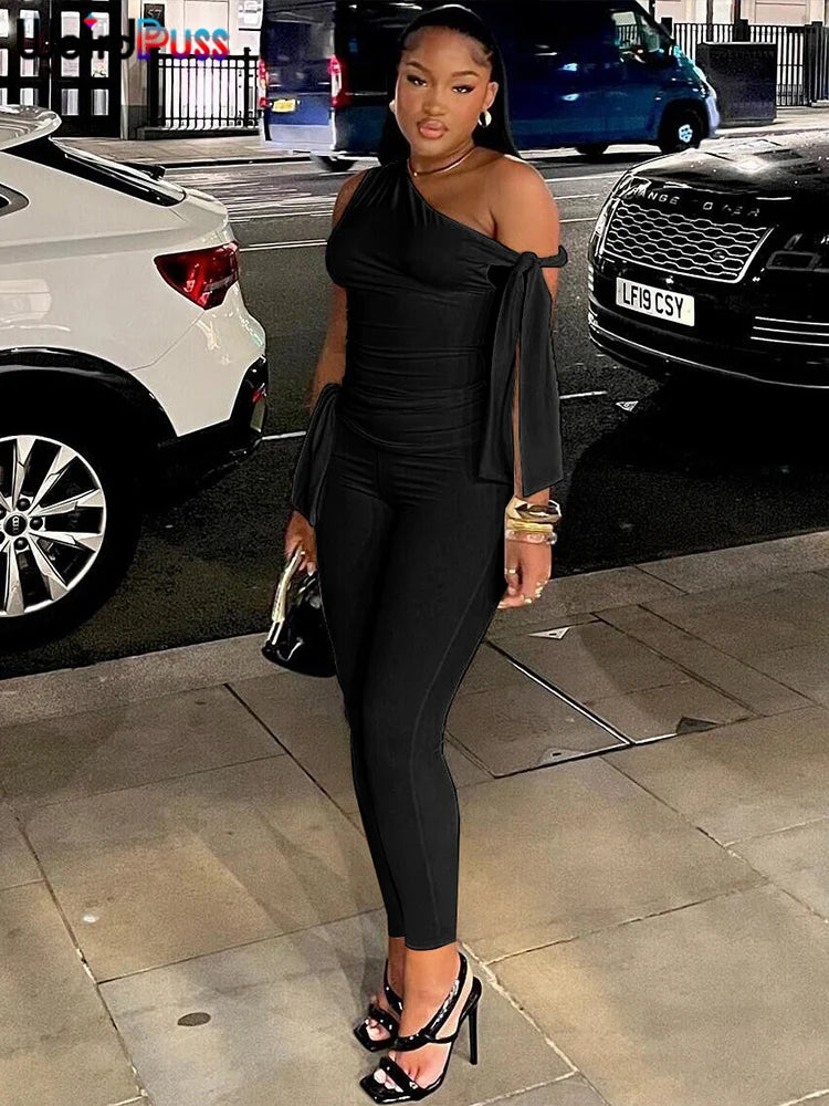 Chic Elegant 2 Piece Set Women Tracksuit Skew Collar Ribbon