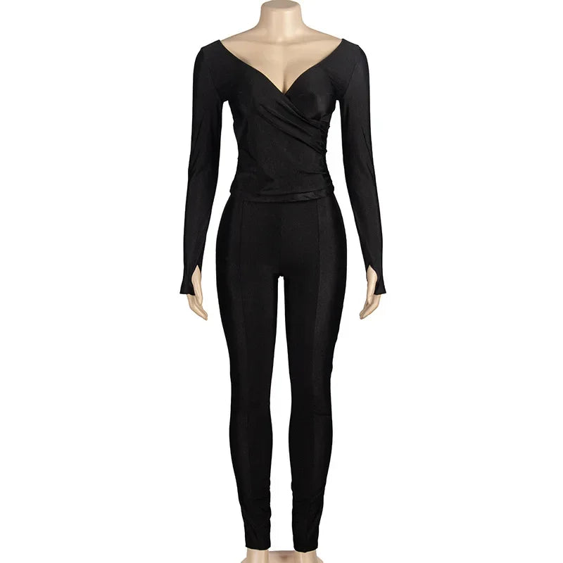 Women Solid Glossy 2 Piece Set Wrap V Neck Gloves Long Sleeve Off Shoulder Slim T-shirts Tops Split Flare Pants Streetwear Suits