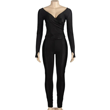 Women Solid Glossy 2 Piece Set Wrap V Neck Gloves Long Sleeve Off Shoulder Slim T-shirts Tops Split Flare Pants Streetwear Suits