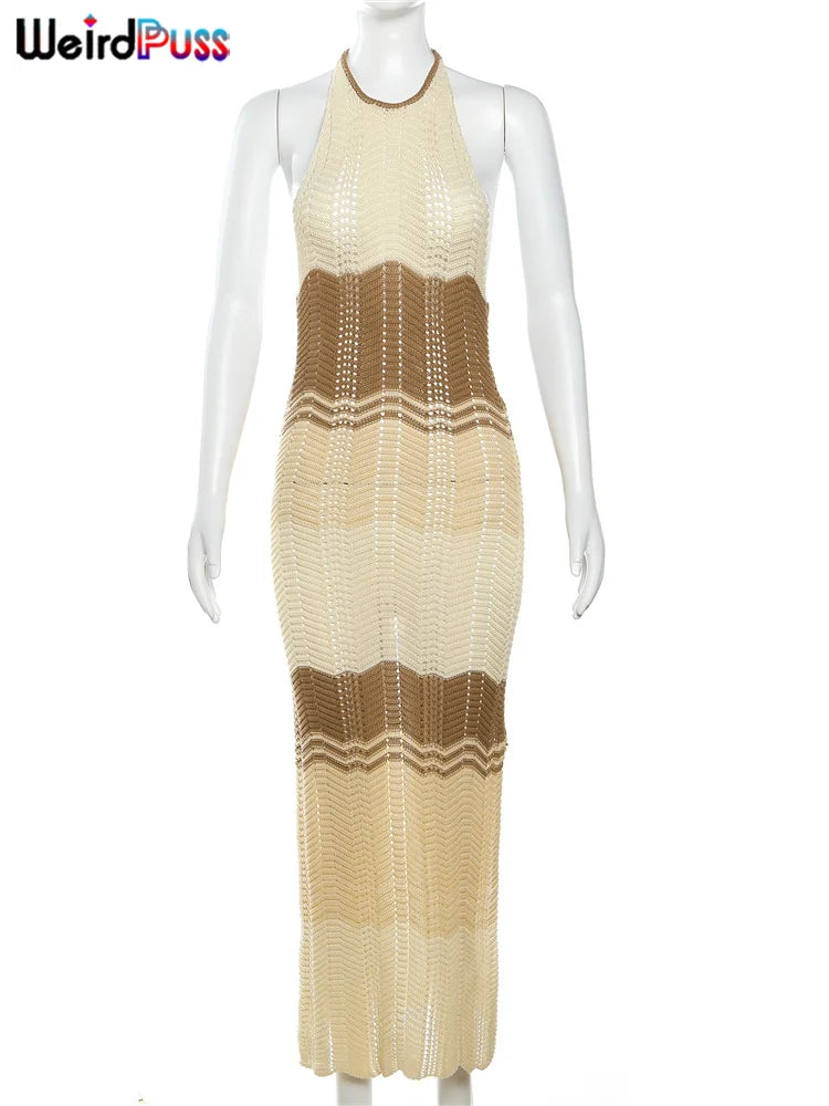 Weird Puss Knit Split Women Dress Halter Sleeveless Backless See Through Elastic Elegant Vacation Fashion Sexy Midnight Clubwear