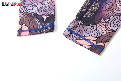 Weird Puss See Through Jumpsuit Women Fit Short Sleeve Backless Thin Mesh Figure Print Hipster Sexy Stretch Activity Overalls