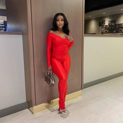 Women Solid Glossy 2 Piece Set Wrap V Neck Gloves Long Sleeve Off Shoulder Slim T-shirts Tops Split Flare Pants Streetwear Suits