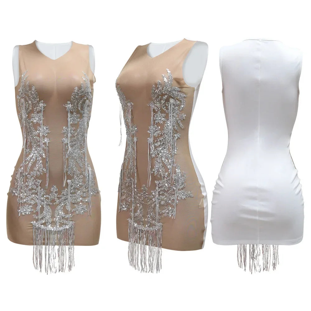 Sequin Fringe Sexy Dress Lady Mini Party Bodycon Evening Dresses Women Summer Elegant Luxury Birthday Club Tassel Dresses