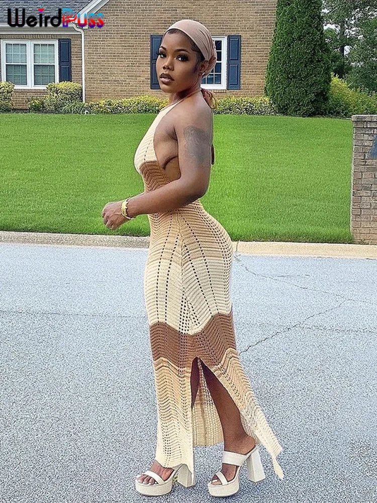 Weird Puss Knit Split Women Dress Halter Sleeveless Backless See Through Elastic Elegant Vacation Fashion Sexy Midnight Clubwear