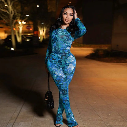 Fashion Mesh Flower Print 2 Two Piece Set Women Stunning Full Sleeve