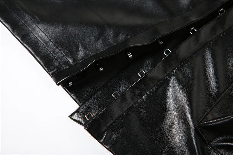 Fashion Black PU Leather Skirts 2 Piece Set Women New 2023 Sexy Off the Shouder Crop Top + Pockets Skinny Club Outfits Sets Y2K