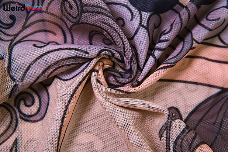 Weird Puss See Through Jumpsuit Women Fit Short Sleeve Backless Thin Mesh Figure Print Hipster Sexy Stretch Activity Overalls