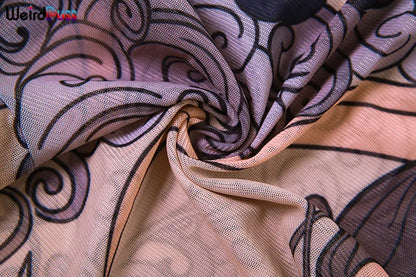 Weird Puss See Through Jumpsuit Women Fit Short Sleeve Backless Thin Mesh Figure Print Hipster Sexy Stretch Activity Overalls