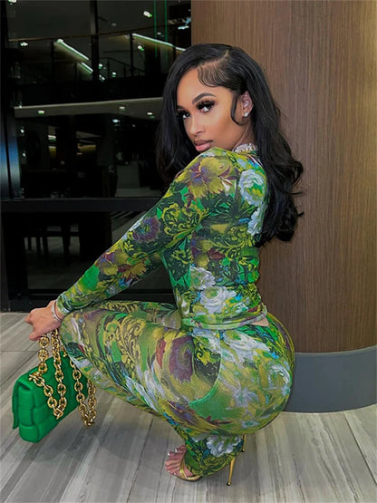 Fashion Mesh Flower Print 2 Two Piece Set Women Stunning Full Sleeve