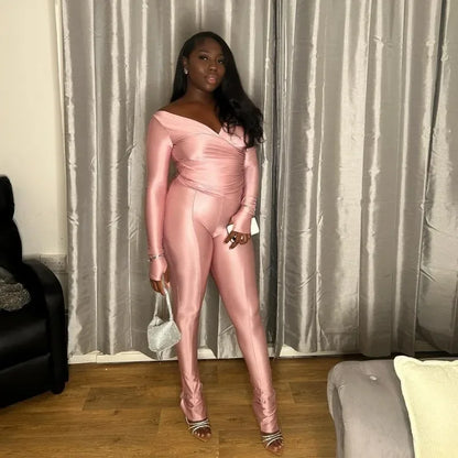 Women Solid Glossy 2 Piece Set Wrap V Neck Gloves Long Sleeve Off Shoulder Slim T-shirts Tops Split Flare Pants Streetwear Suits