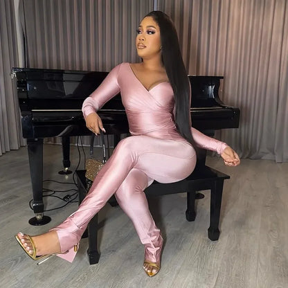 Women Solid Glossy 2 Piece Set Wrap V Neck Gloves Long Sleeve Off Shoulder Slim T-shirts Tops Split Flare Pants Streetwear Suits