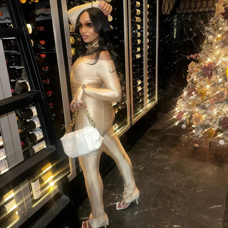 Women Solid Glossy 2 Piece Set Wrap V Neck Gloves Long Sleeve Off Shoulder Slim T-shirts Tops Split Flare Pants Streetwear Suits