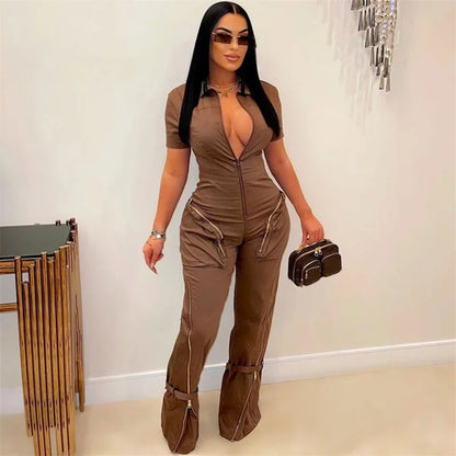 Streetwear Front Zipper Turn-down Collar Cargo Jumpsuit Women Short