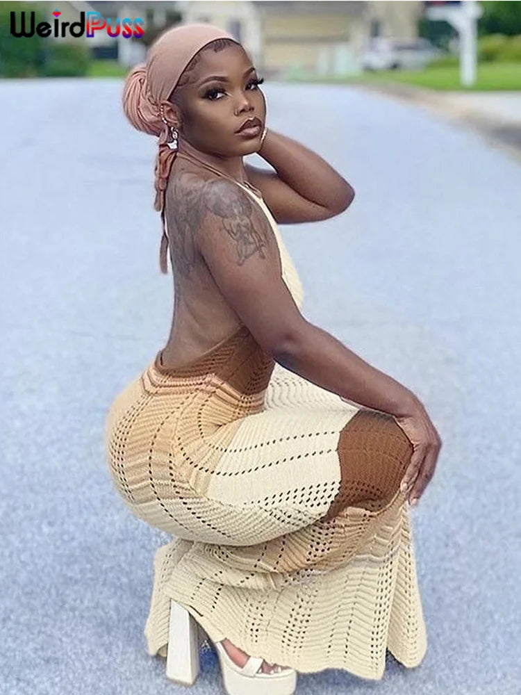 Weird Puss Knit Split Women Dress Halter Sleeveless Backless See Through Elastic Elegant Vacation Fashion Sexy Midnight Clubwear