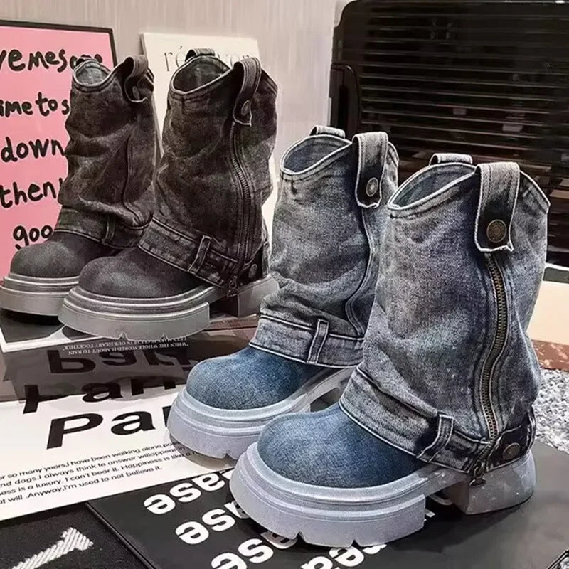 Denim Ankle Boots For Women Round Toe Thick Bottom Side Zipper Belt