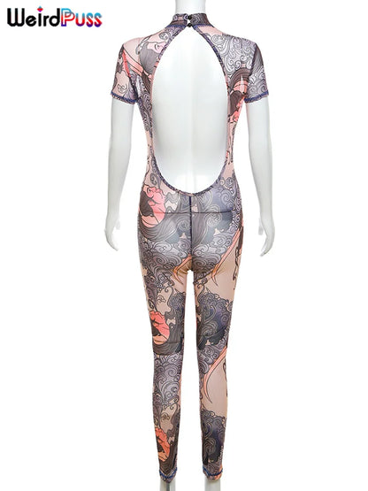 Weird Puss See Through Jumpsuit Women Fit Short Sleeve Backless Thin Mesh Figure Print Hipster Sexy Stretch Activity Overalls