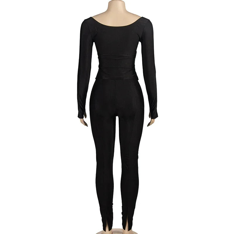 Women Solid Glossy 2 Piece Set Wrap V Neck Gloves Long Sleeve Off Shoulder Slim T-shirts Tops Split Flare Pants Streetwear Suits