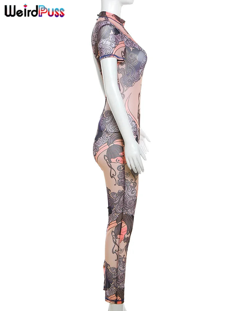 Weird Puss See Through Jumpsuit Women Fit Short Sleeve Backless Thin Mesh Figure Print Hipster Sexy Stretch Activity Overalls