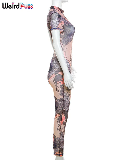 Weird Puss See Through Jumpsuit Women Fit Short Sleeve Backless Thin Mesh Figure Print Hipster Sexy Stretch Activity Overalls
