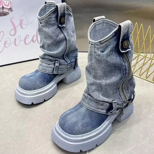 Denim Ankle Boots For Women Round Toe Thick Bottom Side Zipper Belt