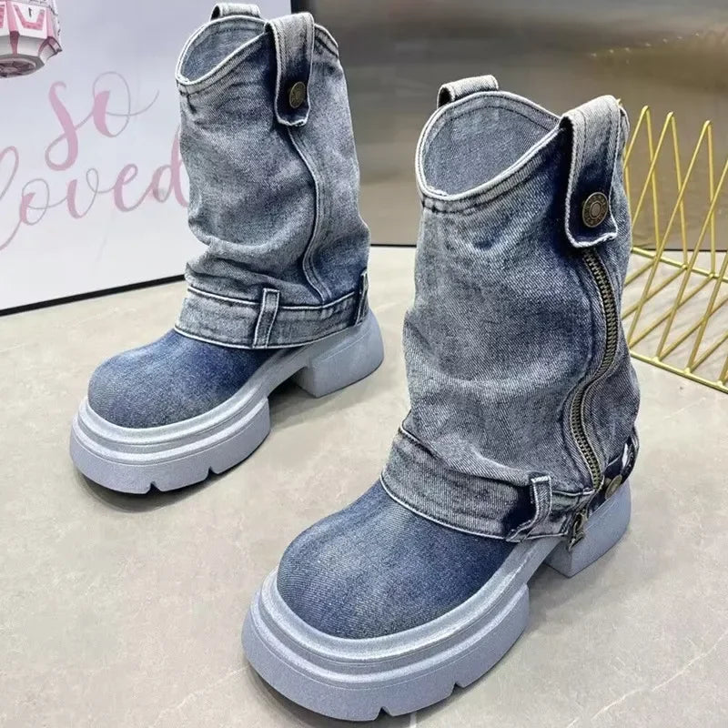 Denim Ankle Boots For Women Round Toe Thick Bottom Side Zipper Belt