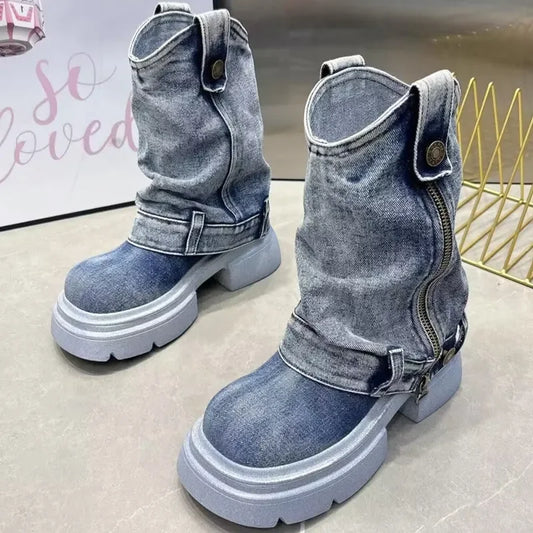 Denim Ankle Boots For Women Round Toe Thick Bottom Side Zipper Belt