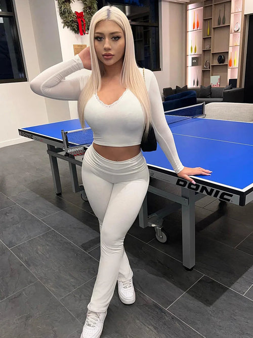 Sexy Deep V-neck Lace Women Two Piece Sets Pink Long Sleeve T-shirt