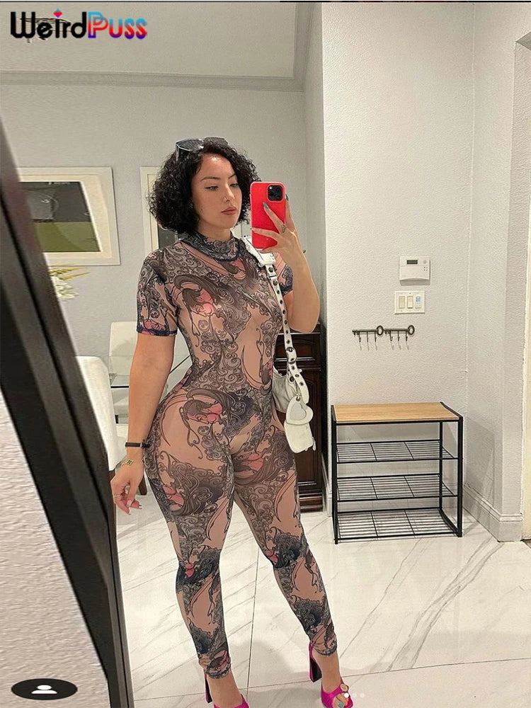 Weird Puss See Through Jumpsuit Women Fit Short Sleeve Backless Thin Mesh Figure Print Hipster Sexy Stretch Activity Overalls