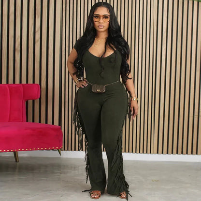 Casual Side Fringe Tassel One Piece Jumpsuit for Women Clothing V-neck