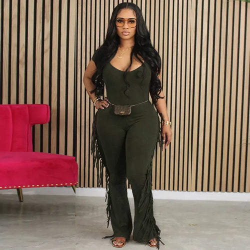 Casual Side Fringe Tassel One Piece Jumpsuit for Women Clothing V-neck