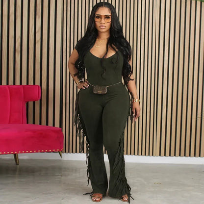 Casual Side Fringe Tassel One Piece Jumpsuit for Women Clothing V-neck