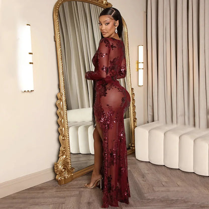 Women Sequined Mesh See Through Long Sleeve Bodycon Long Maxi Dress 2024 Sexy Night Party Evening Prom Dresses Vestidos