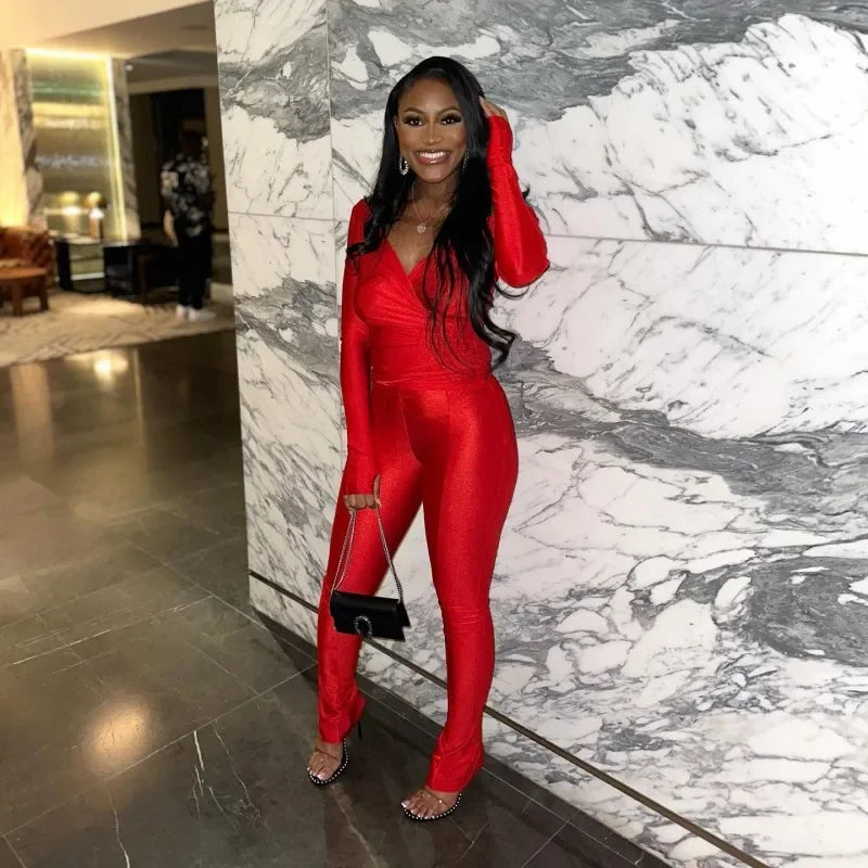 Women Solid Glossy 2 Piece Set Wrap V Neck Gloves Long Sleeve Off Shoulder Slim T-shirts Tops Split Flare Pants Streetwear Suits