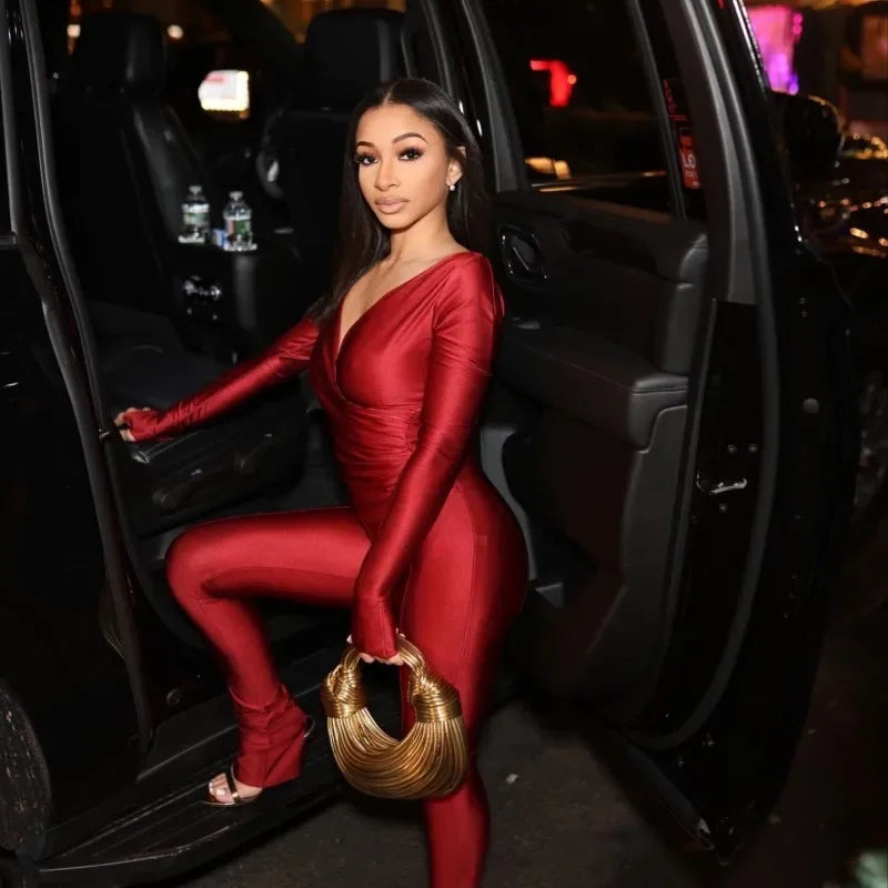 Women Solid Glossy 2 Piece Set Wrap V Neck Gloves Long Sleeve Off Shoulder Slim T-shirts Tops Split Flare Pants Streetwear Suits