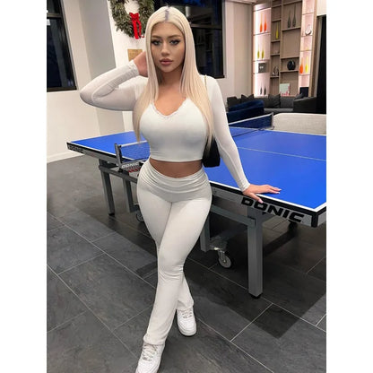 Sexy Deep V-neck Lace Women Two Piece Sets Pink Long Sleeve T-shirt