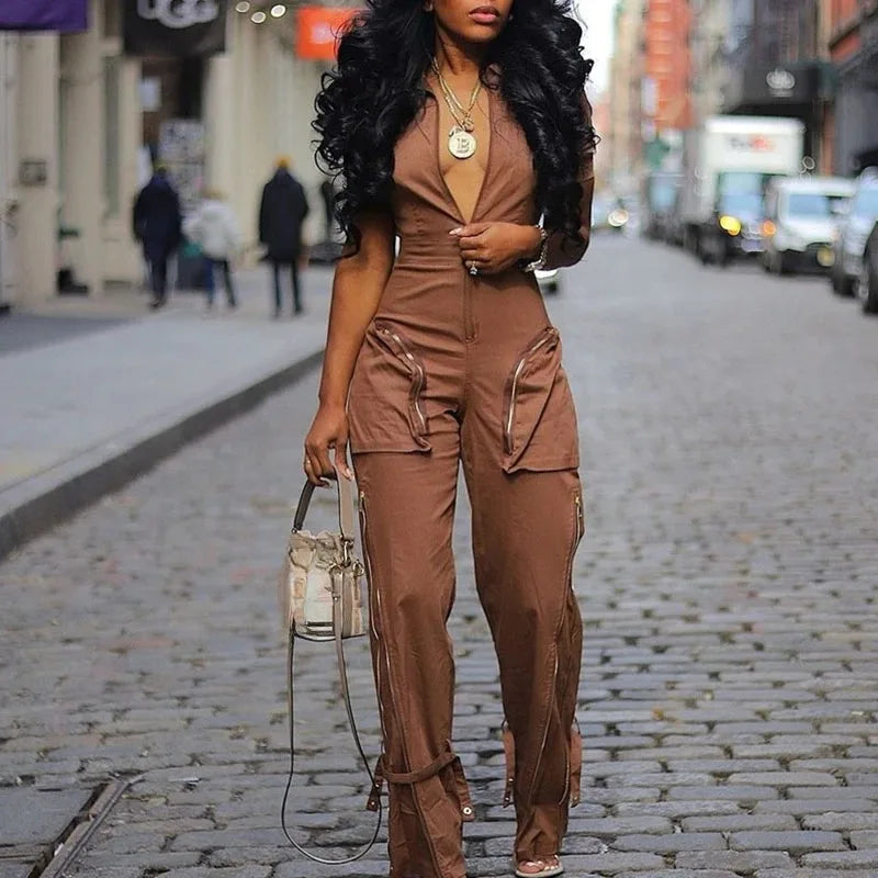 Streetwear Front Zipper Turn-down Collar Cargo Jumpsuit Women Short