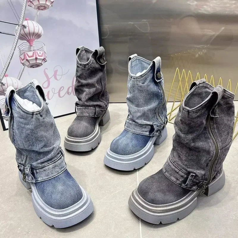 Denim Ankle Boots For Women Round Toe Thick Bottom Side Zipper Belt