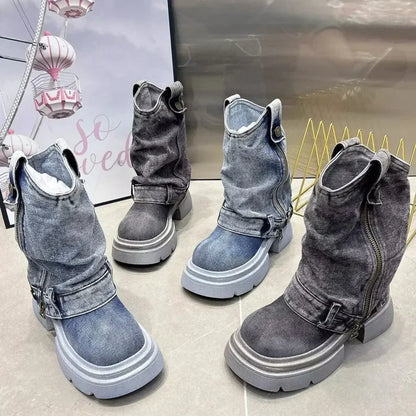 Denim Ankle Boots For Women Round Toe Thick Bottom Side Zipper Belt