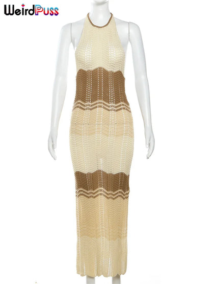 Weird Puss Knit Split Women Dress Halter Sleeveless Backless See Through Elastic Elegant Vacation Fashion Sexy Midnight Clubwear