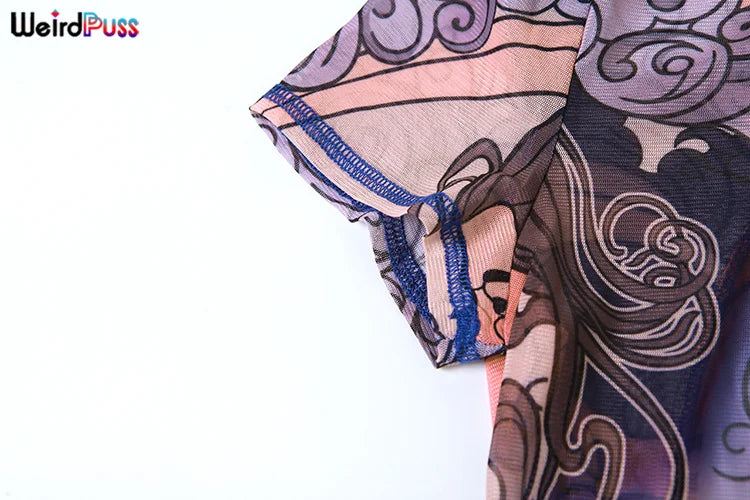 Weird Puss See Through Jumpsuit Women Fit Short Sleeve Backless Thin Mesh Figure Print Hipster Sexy Stretch Activity Overalls