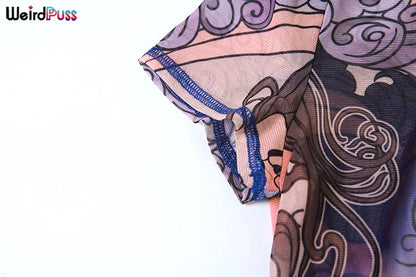 Weird Puss See Through Jumpsuit Women Fit Short Sleeve Backless Thin Mesh Figure Print Hipster Sexy Stretch Activity Overalls